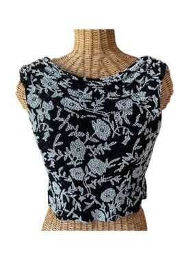 Vintage 90s Andretta Donatello Beaded Silk Cowl Neck Blouse Top Black Silver Lg